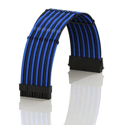 Image de LINKUP AVA 30cm 24 Broches ATX (20+4) pour Carte mère Câble d&#039;extension d&#039;alimentation PSU tressé et gainé avec Peignes Conception Robuste Rigide Pack Individuel 300mm Bleu Noir