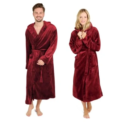 Image de Blumtal Pape de bain femmes et hommes peignoir en polaire doux moelleux avec capuche &amp; poches avant pratiques, certifié Oeko TEX®, taille XXXL, couleur rouge foncé