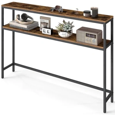 Image de VASAGLE Console pour Couloir, Table de Salon Fine à 2 Niveaux, 20 x 120 80 cm, d’Appoint avec Étagères, Salon, Chambre, Marron Rustique et Noir d&#039;encre LNT133K01