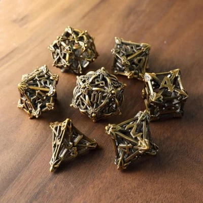 Image de Lot de 7 Dés Métal DND Jeux Role Donjons et Dragons Creux Fleur Or Vintage D&amp;D Dice, Jeu Polyédrique D4 D6 D8 D10 D12 D20 D%