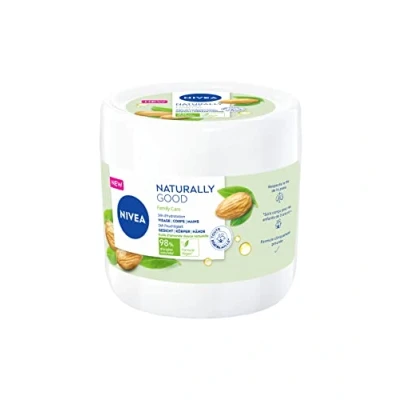 Image de NIVEA NATURALLY GOOD Family Care Crème multi usage pour toute la famille (1 x 450 ml), 3 en 1 enrichie huile d’amande douce 100% naturelle, visage corpsmains