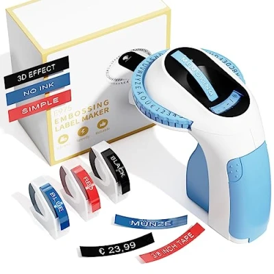 Image de Memoking Étiqueteuse de gaufrage avec 3 Rubans d&#039;étiquettes E975 3D Embossed Label Printer Machine, Labelling pour la Maison, Le Bricolage et Les travaux manuels (£/, Ä, Ö, Ü)