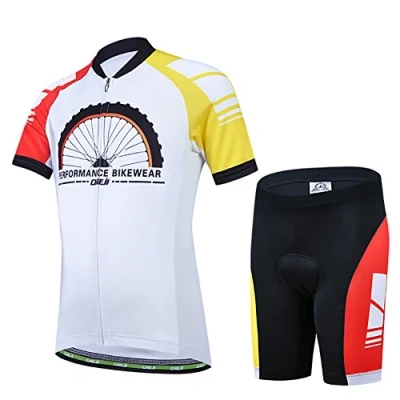 Image de LSHEL Maillot de Cyclisme Unisex Manches Courtes + Short Ensemble pour Enfant, Top+Pantalon,Roues Rouge et Jaune, 7 8ans, 130(Stature：120 130cm)