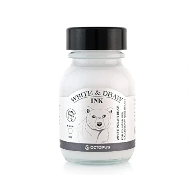 Image de Octopus Write and Draw Ink 100 White Polar Bear Encre imperméable Pour l&#039;écriture et le dessin de calligraphie résistante à la lumière stylo plume Blanc 50 ml