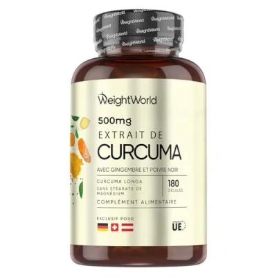 Image de Curcuma Gélules Puissant 500mg avec 95% d&#039;Extrait de Curcumine 180 Vegan (6 Mois) (50:1), Poivre Noir (30:1) et Gingembre Forte Absorption Fabriqué en UE