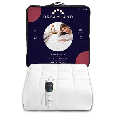 Image de Dreamland Protège Matelas Chauffant en Coton Bio pour lit Simple (Intelliheat Plus Fast Heat, Lavable Machine, 190 x 90 cm, 6 températures et minuterie Automatique, 1 Commande Amovible)