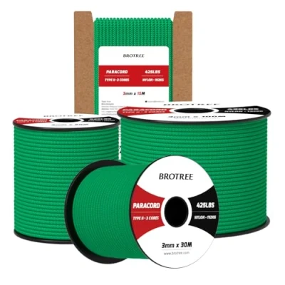 Image de Brotree Paracorde 3mm 50M 100% Nylon Corde 425 3 Brins Parachute Type II pour Extérieur, Artisanat 192kg Charge de Rupture (Vert Jade)