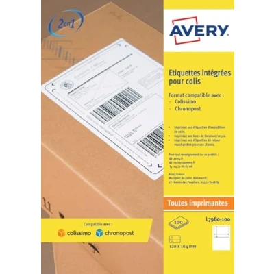 Image de AVERY Boite de 100 étiquettes intégrées autocollantes Stick&#039;Ngo, compatibles Colissimo. Format 113 x 164mm. Impression laser, jet d&#039;encre