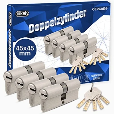 Image de GERCAR Pro Lot de 4 cylindres profilés, à fermeture identique 90 mm 45/45 Double cylindre En laiton Mat Massif Avec 10 clés Clé réversible Longueur : mm, A 45 B x