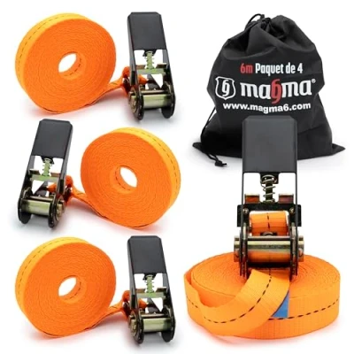 Image de MAGMA 4 Sangles à Boucle Came 6 m Sangle Cliquet pour Galeries de Toit et Remorques Réglable, Attache Kayak, Planche Surf, Canoë, Vélo, Moto Force Rupture 1600kgf/unit, Couleur Orange