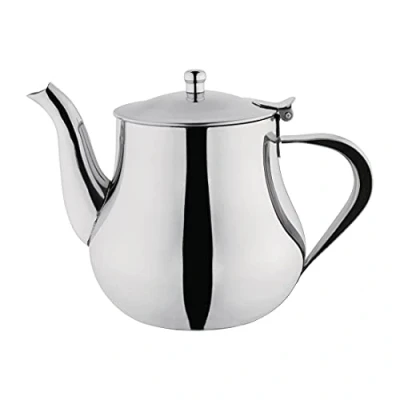Image de Olympia Théière marocaine en acier inoxydable 1 litre, finition miroir hautement polie, poignée résistante à la chaleur, couvercle charnière, bec anti goutte, usage professionnel et domestique, M982