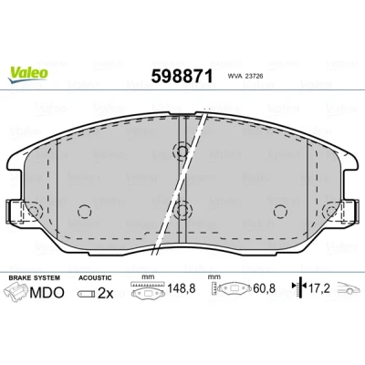 Image de VALEO 598871 Jeu de plaquettes frein Essieu avant contact signal d&#039;usure inclus avec tôle anti bruit SSANGYONG: Stavic SUV, Rexton / 2