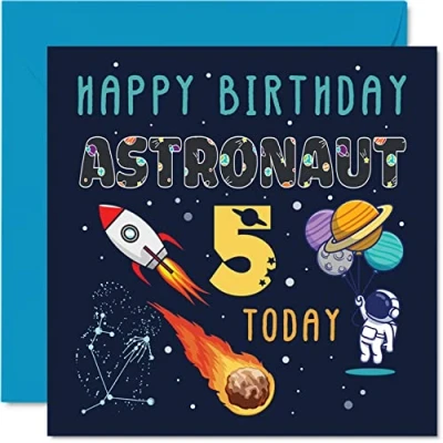 Image de carte d&#039;anniversaire 5 ans pour garçon Astronaute spatial Cosmos de ans, et fille, cinquième filles, garçons, vœux fils, nièce, neveu, petit fils