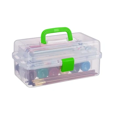 Image de Relaxdays Boîte en plastique transparente, 9 compartiments pour petits objets, Poignée, HLP 14x33x19 cm, verte