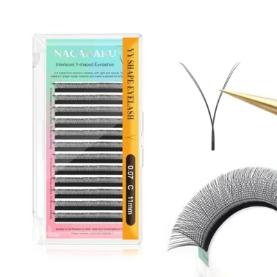 Image de NAGARAKU YY Cils Extension 4D Y Lash Tissés en Croix à la Main Bouquet de Volume Russe Faux Naturel Premade Fans Préfait Ventilateur Wispies Cluster Eyelash Noir 12 Rows (0.07 C 11mm）