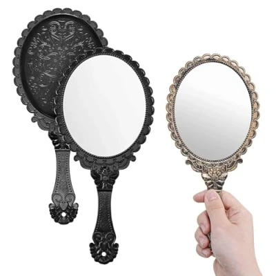 Image de Exbrith 2 Pièces Miroir à Main Vintage Rétro avec Poignée, Polyvalent, Poignée Ronde pour Le Maquillage, la Coiffure, Soins de Peau, Quotidien