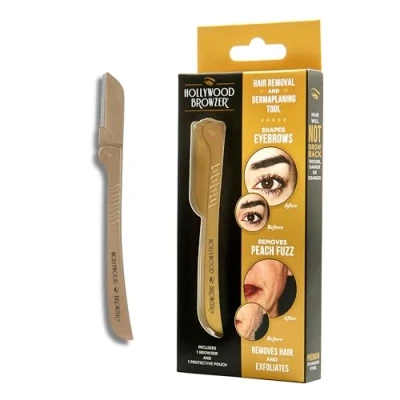 Image de Hollywood Browzer Rasoir à sourcils pour l&#039;épilation des poils du visage Élimine les indésirables Dermaplaning Exfoliation Pochette de protection incluse Or Royal