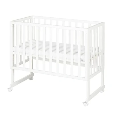 Image de roba Lit Cododo 45 x 90 cm safe asleep® 3 en 1 Hauteur Réglable Ensemble Complet avec Berceau, Matelas, Barrière Toile et Roulettes à Freins Bois Blanc