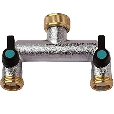Image de Suinga Robinet double Sortie 3/4&quot;. Entrée Femelle 3/4&quot;.Vanne 2 Voies.Laiton.Raccord Plomberie.pour Tuyau Arrosage, Cuve 1000L, Distributeur Eau, Raccord d&#039;Arrosage