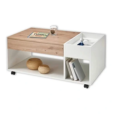 Image de Emil Table Basse Moderne sur roulettes Aspect chêne Artisan Blanc Mobile avec Compartiment de Rangement et tiroir pour Votre Salon 110 x 44 60 cm (l H P)