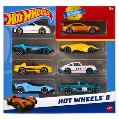 Image de Hot Wheels Coffret de 8 Voitures et camions Base à l’échelle 1/64 Comprenant 1 Voiture Exclusive, différents assortiments commercialisés Tout au Long l’année, Les Styles Peuvent Varier, HPV78