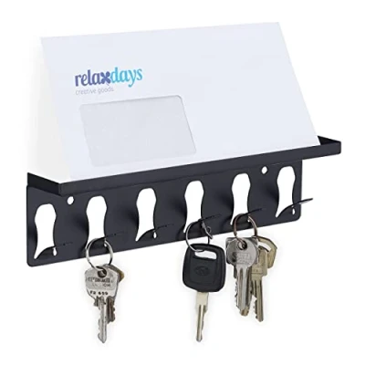 Image de Relaxdays Support à clé, 6 Crochets, Pose courrier, Design Moderne, HxLxP: 7x24,5x5 cm, Acier, Armoire clefs, Noir