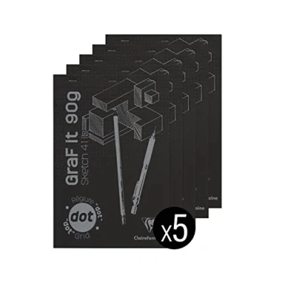 Image de Clairefontaine 96844Cpack Bloc Agrafé GraF&#039;it 80 Feuilles Papier Dessin Croquis Réglure pointillés DOT Détachables A4 21x29,7 cm 90g Couverture Noire Paquet de 5 Blocs
