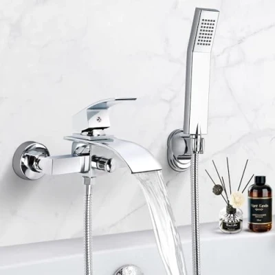 Image de mitigeur de Baignoire Cascade, Robinet douche en H59 Laiton Chromé, avec Douchette à Main ABS plastique et Tuyau douche, BainFixé au Mur bain
