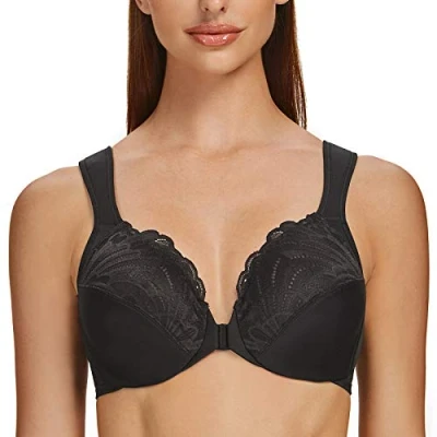 Image de MELENECA Femme Soutien Gorge Grande Taille Fermeture Devant Dentelle Sangle Coussin Couverture Totale Non Rembourré à Armature Noir 90B