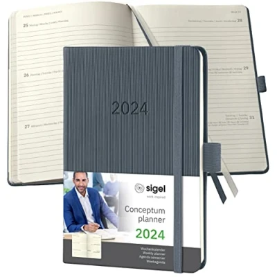 Image de SIGEL C2467 Agenda semainier 2024, A6, couverture rigide, gris foncé Conceptum