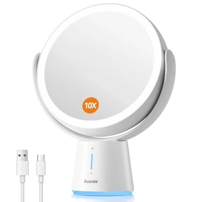 Image de Auxmir Miroir Maquillage Lumineux Grossissant 1X / 10X, de Double Face 2500mAh USB Rechargeable, LED Réglable en 5 Niveaux Luminosité, Table sur Pied