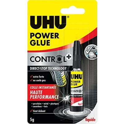 Image de UHU Power glue liquide control+ colle instantanée, ultra rapide et forte, technologie anti goutte, sans solvants, transparente, tube 5g