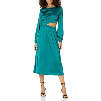 Image de The Drop Robe Midi Soyeuse À Manches Longues et avec Découpes, Style Pudique, Jacob pour Femme, Bleu Sarcelle, S