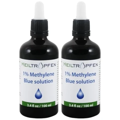 Image de 2x Solution de bleu méthylène à 1% gouttes liquides 100 ml Haute Pureté USP Testé par un tiers Methylen Blue Bouteille en verre Ensemble deux Heiltropfen®
