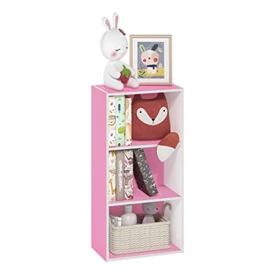 Image de Furinno Luder Bibliothèque ouverte à 3 niveaux, Blanc/Rose, Tier