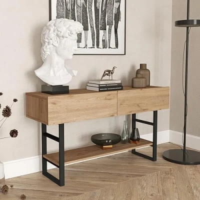 Image de [en.casa] Table Console pour Salon d&#039;Appoint avec Espace de Stockage Panneau Particules Mélaminé Métal 76 x 139 43 cm Effet Chêne Noir