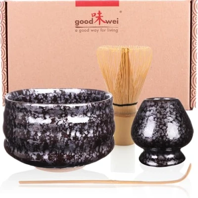 Image de Goodwei Ensemble à Thé Matcha Premium Bol de cérémonie, Fouet et Support (Tetsu, 80), Céramique, 430 ml