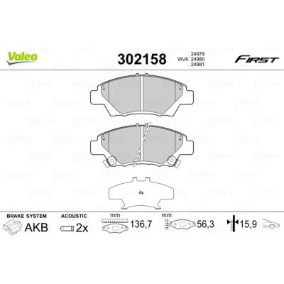 Image de VALEO 302158 Jeu de plaquettes frein FIRST Essieu avant contact signal d&#039;usure inclus avec tôle anti bruit HONDA: Insight II 5 portes, Jazz 3