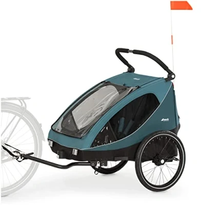 Image de hauck Remorque Velo 2 Enfants Dryk Duo, inclus Barre d&#039;Attelage, Roue Avant et Fanion, Pliable, Espace Rangement XL, Facile à Fixer, Utilisation en Poussette Double Petrol