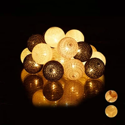 Image de Relaxdays 10024371_879 Guirlande Lumineuse LED, 20 Boules de Coton, Fonction à Piles, Lumières d’Ambiance, Sphères Ø6 cm, Blanc Gris Noir, polystyrène, 160 cm