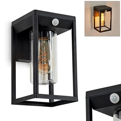 Image de Applique murale d&#039;extérieur Palanga, lampe en métal/verre noir/clair, vers le bas avec détecteur de mouvement et effet lumineux pour terrasse/entrée, 1 x E27, sans ampoules