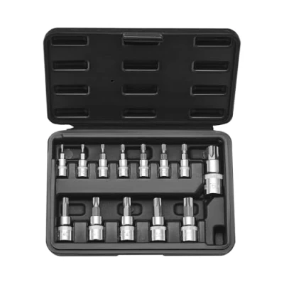 Image de VEVOR Jeu de Douilles Torx 13PCs, Étoile T8 T60, Entraînements 1/4, 3/8 et 1/2 po (6,35 mm, 9,5 12,7 mm), en Acier Allié S2 Cr V, avec Coffret, pour Mécanicien Réparation Automobile