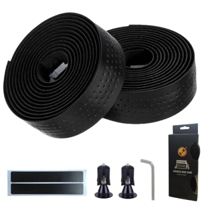 Image de LEXICANMHS guidon de vélo imperméable, antidérapant et absorbant les chocs avec aspect cuir pour vélos route cyclisme urbain, bouchons en alliage d&#039;aluminium, 200 x 3 cm, noir
