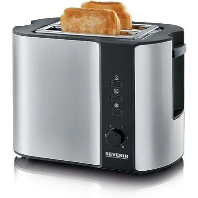 Image de SEVERIN Grille pain automatique 800 W, Toaster compact 2 fentes jusqu&#039;à tranches, électrique avec réglage du degré de brunissage &amp; fonction décongélation, inox/noir, AT 2589