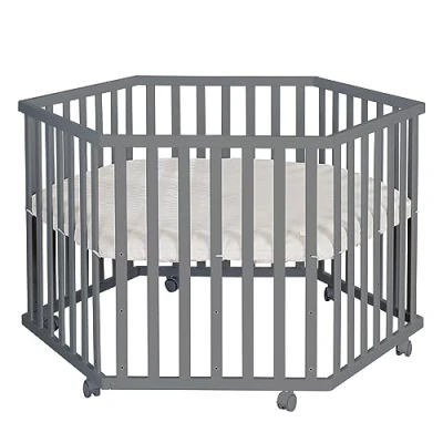 Image de roba Parc Bébé Hexagonal en Bois Greyish quilted + Tapis de et Roues Avec Freins Base Ajustable Hauteur Anthracite