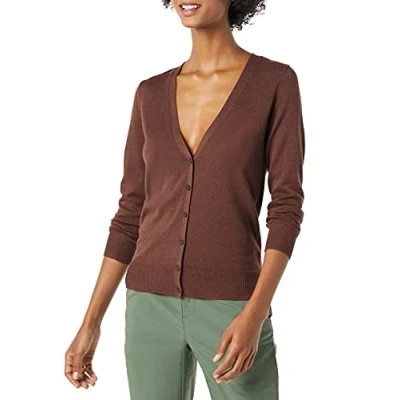 Image de Amazon Essentials Cardigan léger à col en V (Grande Taille Disponible) Femme, Brun Châtaigne Foncé Chiné, XL