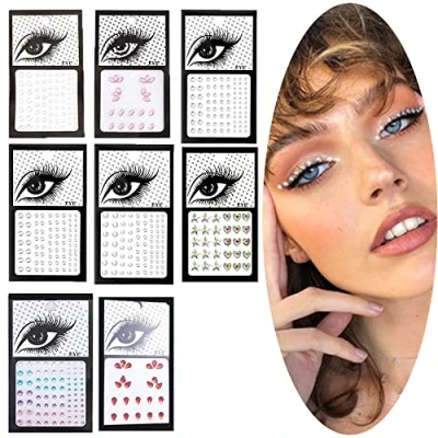 Image de 8 Pcs Ensembles de Gemmes visage,Strass Autocollant,Coachella,Tatouage Temporaire Strass Visage,Tatouage Bijoux Visage Sirène Autocollants Corps Larmes Cristal Pierres