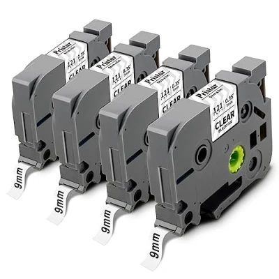 Image de 4X Pristar 9mm x 8m Ruban Compatible Etiqueteuse pour Brother TZe 121 TZe121 TZ Noir sur Transparent Laminé Cassette PT H100LB H107B E110 H200 H110 1250S P300BT E300VP P750W D210