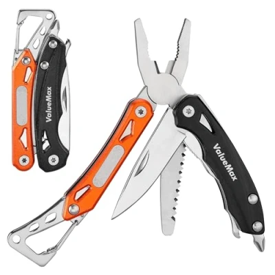 Image de ValueMax Pince Multifonction en Acier Inoxydable 9 1, Couteau Multifonction, Multitool Parfait pour Extérieur, Camping, Randonnée, Réparation Simple, Orange et Noir