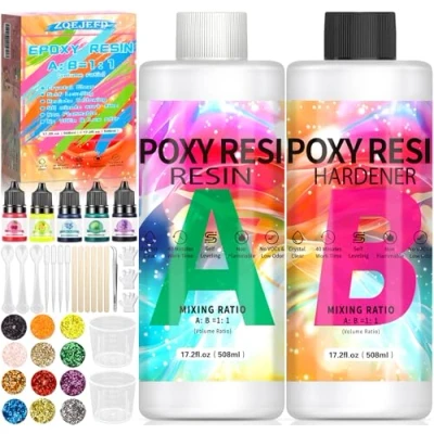 Image de ZQEJEFD Resine Epoxy Kit, 1016ml Epoxy, 1:1 Résine Èpoxy Transparente, Kit Complet Débutant avec Colorant Epoxy,Paillettes,Tasses à Mesurer,pour Bijoux Décoration Artisanale